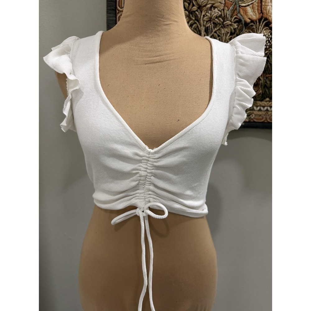 Zara Shirt Womens Small White Ribbed Knit V Neck Ruched Ruffle Sleeve Crop Top